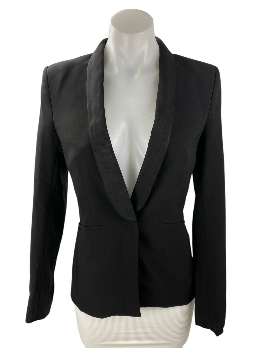 H&M Women's Black Long Sleeve Shawl Collar Pocket Blazer Coat Jacket Size 4